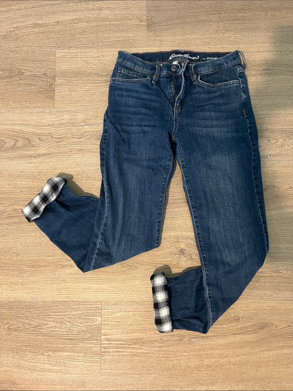 Eddie Bauer Women's Flannel Lined Dark Blue Boyfriend Jeans with Plaid Cuff